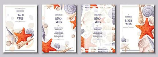 Flyer set with seashells and orange starfish. Banner, flyer, poster A4 size for advertising. vector