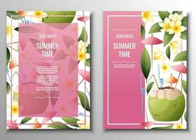 Set of flyer templates with beach coconut cocktail and frangipani flowers. Tropical vacation, summer vacation. Banner, poster with beach drinks a4 size vector