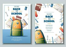 Set of flyer template with school backpack, books and textbooks. School time, back to school, education. Flyer, poster, banner size a 4 vector