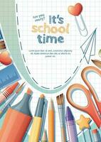 Back to school flyer template design. Stationery on a checkered background. Pen, ruler, pencils, paper clips located on the background. School and office banner vector