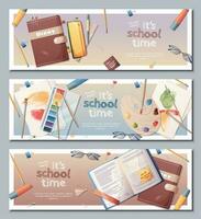 Back to school horizontal banners set. Background with notebooks, textbooks, paints and palette. Study, occupation, hobby. vector