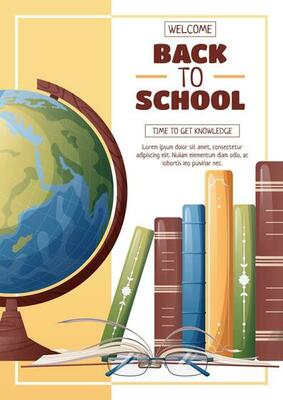 Flyer template with globe and books. School time, back to school, education. Flyer, poster, banner size a 4.