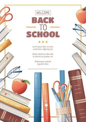 Poster template with school accessories, textbooks and stationery. Flyer design on the theme of school, education. Back to school, school time, studying. Banner, background, poster size a4.