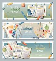 Back to school horizontal banners set. Background with notebooks, textbooks, paints and palette. Study, occupation, hobby. vector