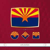 Set of Arizona flags with gold frame for use at sporting events on a burgundy abstract background. vector