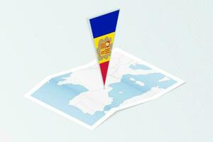 Isometric paper map of Andorra with triangular flag of Andorra in isometric style. Map on topographic background. vector