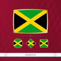 Set of Jamaica flags with gold frame for use at sporting events on a burgundy abstract background. vector