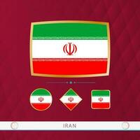 Set of Iran flags with gold frame for use at sporting events on a burgundy abstract background. vector