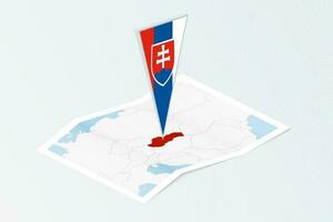 Isometric paper map of Slovakia with triangular flag of Slovakia in isometric style. Map on topographic background. vector