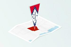 Isometric paper map of Arkansas with triangular flag of Arkansas in isometric style. Map on topographic background. vector