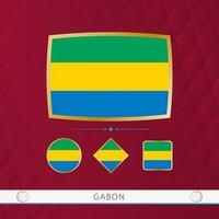 Set of Gabon flags with gold frame for use at sporting events on a burgundy abstract background. vector