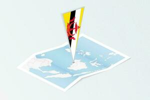 Isometric paper map of Brunei with triangular flag of Brunei in isometric style. Map on topographic background. vector