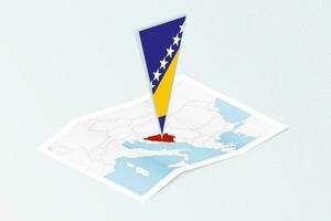 Isometric paper map of Bosnia and Herzegovina with triangular flag of Bosnia and Herzegovina in isometric style. Map on topographic background. vector