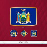 Set of New York flags with gold frame for use at sporting events on a burgundy abstract background. vector