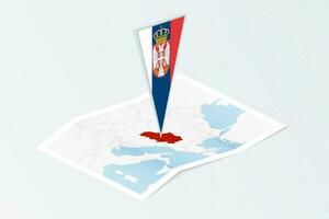 Isometric paper map of Serbia with triangular flag of Serbia in isometric style. Map on topographic background. vector