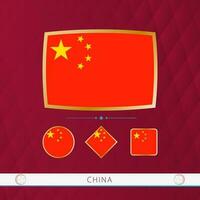 Set of China flags with gold frame for use at sporting events on a burgundy abstract background. vector