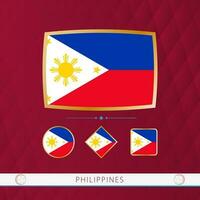 Set of Philippines flags with gold frame for use at sporting events on a burgundy abstract background. vector