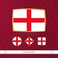 Set of England flags with gold frame for use at sporting events on a burgundy abstract background. vector