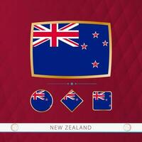 Set of New Zealand flags with gold frame for use at sporting events on a burgundy abstract background. vector