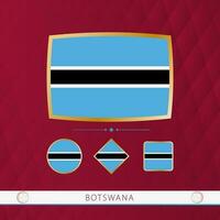 Set of Botswana flags with gold frame for use at sporting events on a burgundy abstract background. vector