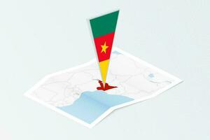 Isometric paper map of Cameroon with triangular flag of Cameroon in isometric style. Map on topographic background. vector