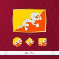 Set of Bhutan flags with gold frame for use at sporting events on a burgundy abstract background. vector