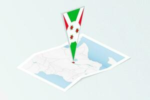 Isometric paper map of Burundi with triangular flag of Burundi in isometric style. Map on topographic background. vector