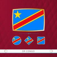 Set of DR Congo flags with gold frame for use at sporting events on a burgundy abstract background. vector