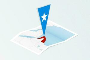 Isometric paper map of Somalia with triangular flag of Somalia in isometric style. Map on topographic background. vector