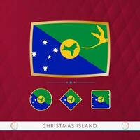 Set of Christmas Island flags with gold frame for use at sporting events on a burgundy abstract background. vector