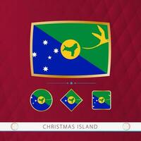 Set of Christmas Island flags with gold frame for use at sporting events on a burgundy abstract background. vector