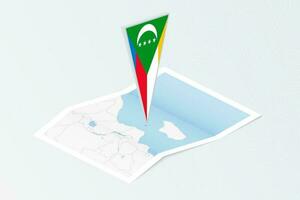 Isometric paper map of Comoros with triangular flag of Comoros in isometric style. Map on topographic background. vector