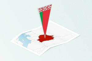 Isometric paper map of Belarus with triangular flag of Belarus in isometric style. Map on topographic background. vector