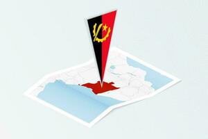 Isometric paper map of Angola with triangular flag of Angola in isometric style. Map on topographic background. vector
