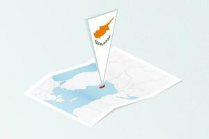 Isometric paper map of Cyprus with triangular flag of Cyprus in isometric style. Map on topographic background. vector