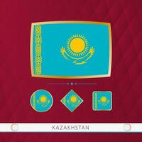 Set of Kazakhstan flags with gold frame for use at sporting events on a burgundy abstract background. vector