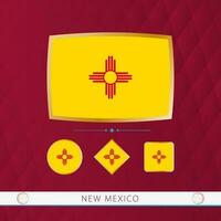 Set of New Mexico flags with gold frame for use at sporting events on a burgundy abstract background. vector