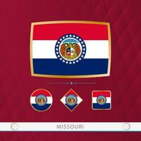 Set of Missouri flags with gold frame for use at sporting events on a burgundy abstract background. vector