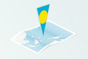 Isometric paper map of Palau with triangular flag of Palau in isometric style. Map on topographic background. vector