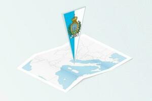 Isometric paper map of San Marino with triangular flag of San Marino in isometric style. Map on topographic background. vector