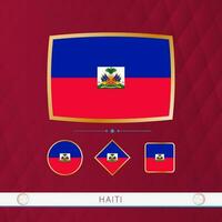 Set of Haiti flags with gold frame for use at sporting events on a burgundy abstract background. vector