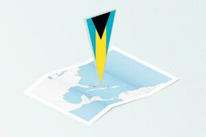 Isometric paper map of The Bahamas with triangular flag of The Bahamas in isometric style. Map on topographic background. vector