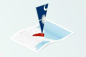 Isometric paper map of South Carolina with triangular flag of South Carolina in isometric style. Map on topographic background. vector