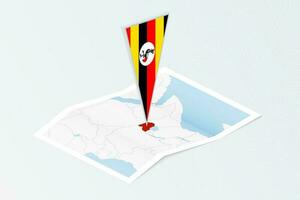 Isometric paper map of Uganda with triangular flag of Uganda in isometric style. Map on topographic background. vector