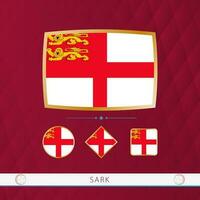 Set of Sark flags with gold frame for use at sporting events on a burgundy abstract background. vector