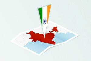 Isometric paper map of India with triangular flag of India in isometric style. Map on topographic background. vector