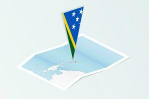 Isometric paper map of Solomon Islands with triangular flag of Solomon Islands in isometric style. Map on topographic background. vector