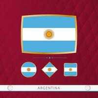 Set of Argentina flags with gold frame for use at sporting events on a burgundy abstract background. vector