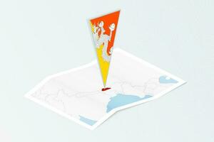 Isometric paper map of Bhutan with triangular flag of Bhutan in isometric style. Map on topographic background. vector