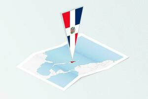 Isometric paper map of Dominican Republic with triangular flag of Dominican Republic in isometric style. Map on topographic background. vector